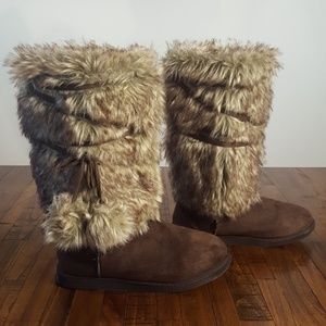 Faux Fur Tribal Lace Up Pom Tassel Boot